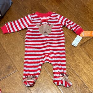 NWT Size 6M Red and Gray Fleece Striped Onesie with Reindeer